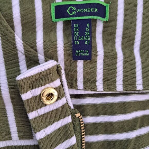 C Wonder Women's 3/4 Sleeve Full Zip Jacket Top Cotton Green White Striped Sz 8 - Picture 7 of 8